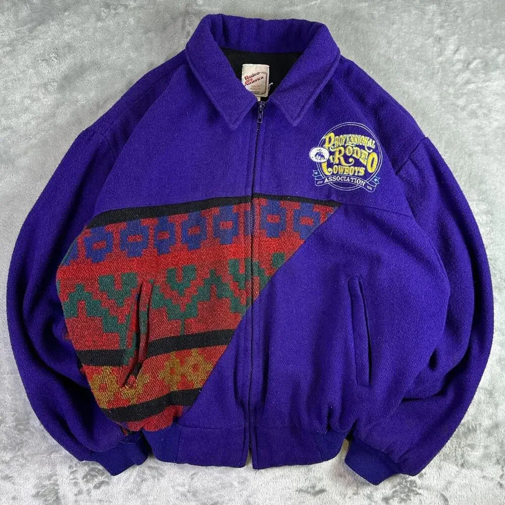 Vintage 90s Rodeo America Aztec wool purple bomber jacket size XL - Picture 1 of 8